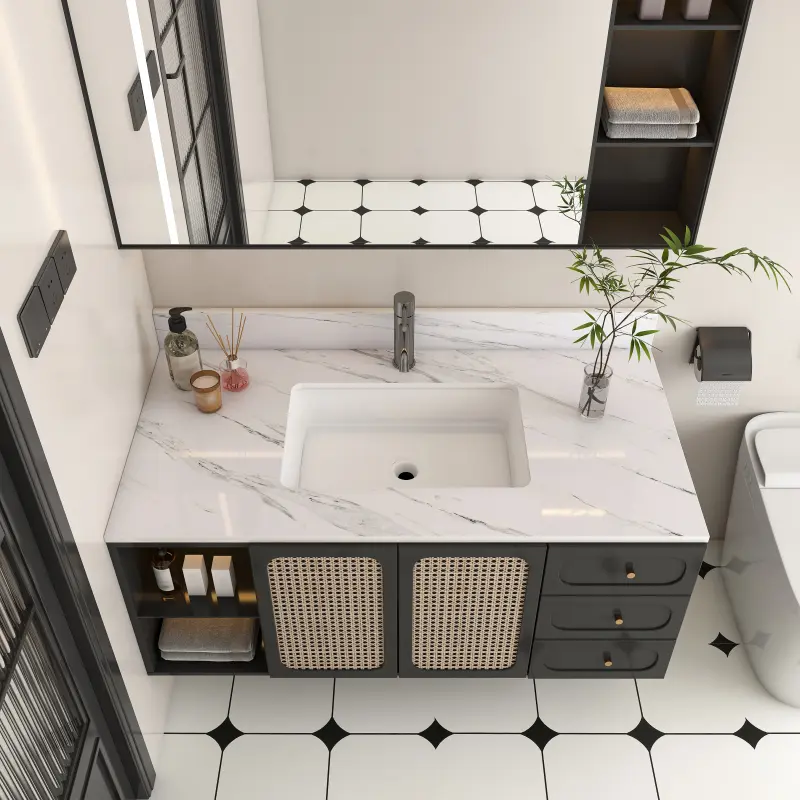 43 Inch Marble Vanity Top, White Vanity Top with 1 Pre-drilled Faucet Holes, Bathroom Vanity Top with Undermount Rectangular Middle Sink and 4" Height Backsplash,  Bianco Carrara Venato    RR