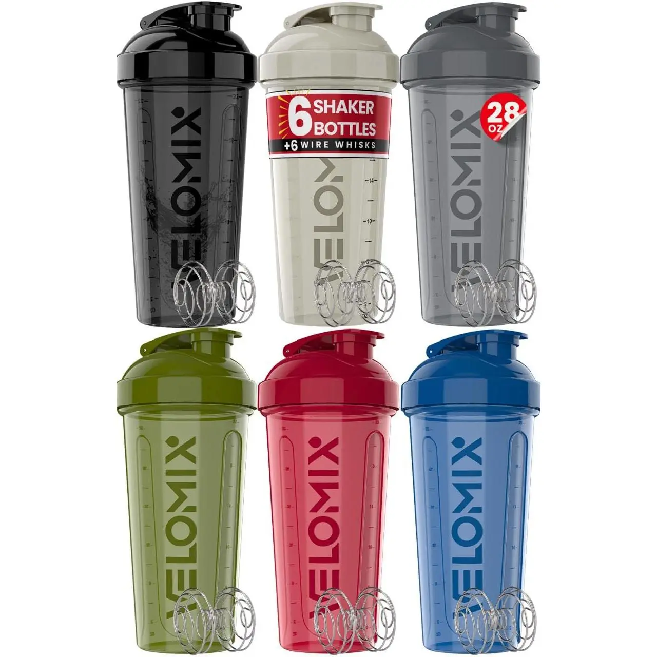 -6 Pack- Shaker Cups For Protein Shakes 28 Oz - 6x Wire Whisk | Leak Proof Bottle  Pack Pre & Workout