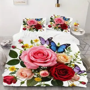 3-piece Butterfly & Rose Print Set (1 duvet cover + 2 pillowcases, no comforter included). Skin-friendly and easy-to-clean fabric, suitable for personalized bedroom decor, an ideal niche bedding item for creating ambiance.