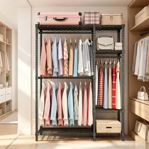 Heavy Duty Clothes Rack, Freestanding Closet Organizer, Portable Metal Clothing Rack, Adjustable Wire Shelving Clothes Rack with 6 Adjustable Wire Shelves and 3 Clothes Rails, Black
