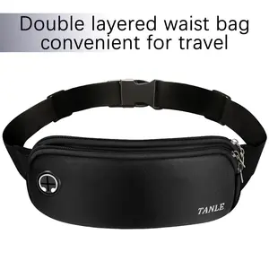 Unisex Fanny Pack Waist Bag with Headphone Hole, IPX4 Water Resistant Double Layer Crossbody Belt Bag for Running Hiking Travel Workout, Adjustable Strap Large Capacity Bumbag for Men Women