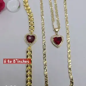 Heart Red Stone's beautiful set chain regular style 18"inches with bracelet with roses yellow & red small 6 to 8"inches GOLD-PLATED