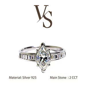 [Venus Jewelry] Synthetic Moissanite 2 CCT Marquise Cut Full Decoration Band Design VVS 1 D Color Solid Silver 925 Solitare Ring