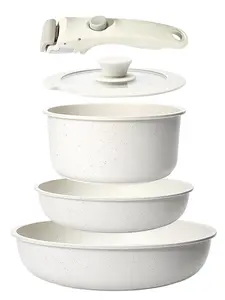 5-piece White non-stick ceramic cooking set, set of pots and pans, with detachable handles, ideal for daily cooking, RV camping and compact kitchens Cookware