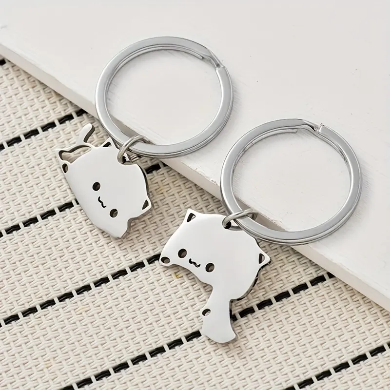 2pcs/lot Stainless Steel Lovely Cat Keychain Couple Lover Animal Matching Keyring Pendants Valentine's Day Gift
