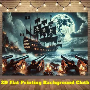 2D flat banner 1pc, Pirate Ship And Moonlight, Polyester background cloth flag, Wall Hanging Backdrop, suitable for photography background wall decoration, indoor and outdoor decoration, party celebration decoration, live broadcast decoration