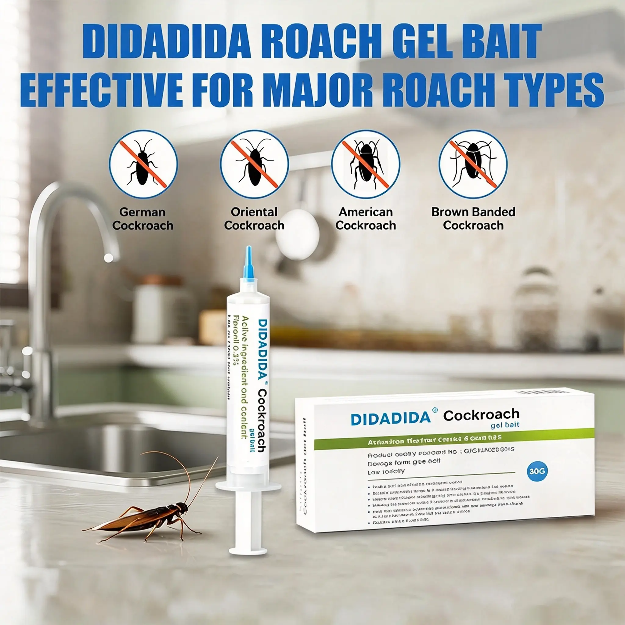 Cockroach Gel Bait - Non-Toxic High Efficiency Insecticidal Gel, 12 Months Home Use Pest Control Exterminator for American, German & Major Roach Species (Indoor-Outdoor)