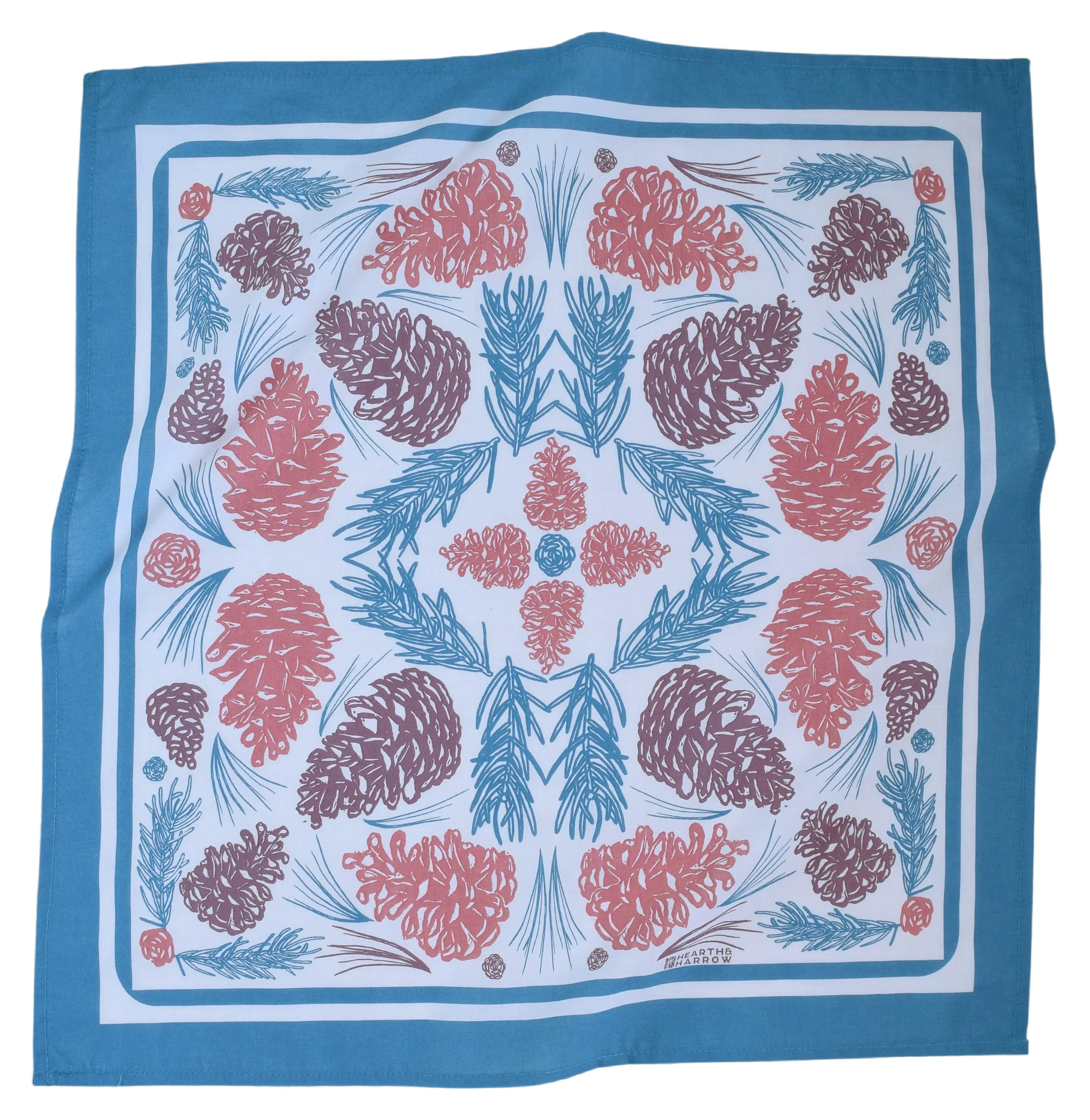 PIne Cone Bandana - Blueish Green and Browns - Woodland Print - 22" x 22" - Neckerchief - Handkerchief - 100% Cotton - Hand Screen Printed - Designed in Maine
