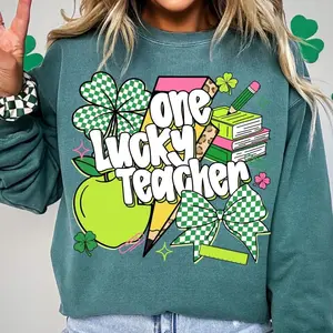 [Sale off up to 50%] Retro Teacher St Patrick's Day Coquette Sweatshirt, St Patricks day, Four Leaf Clover, Teacher St Patrick, Lucky Teacher Appreciation Gift, streetwear graphic tee