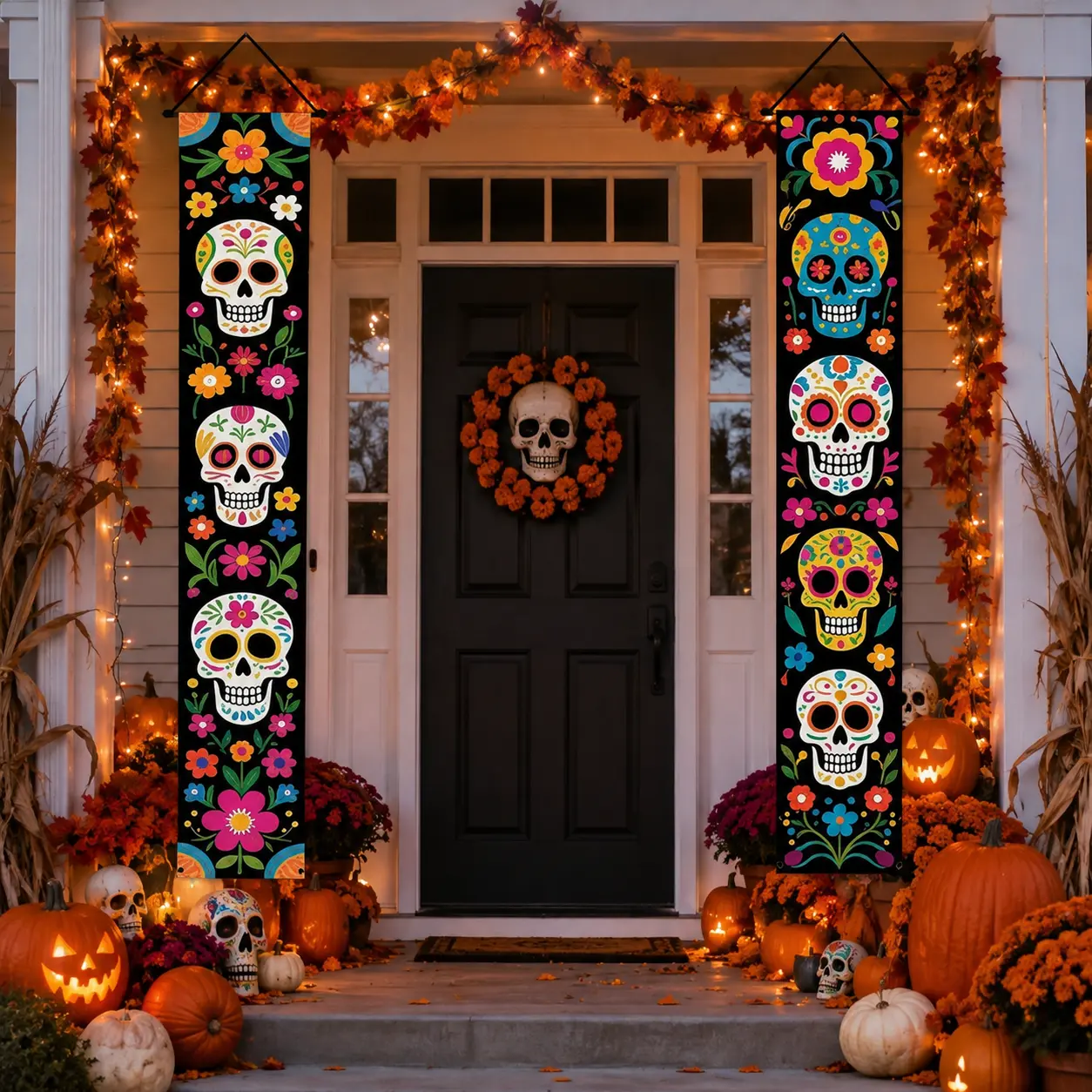 Day of the Dead Porch Hanging Banner, 70.8 x 11.8 Inch Catrina Skeleton Printed Colorful Flag, Outdoor Front Door, Porch & Patio Decor for Halloween, Día de los Muertos & Party Decorations