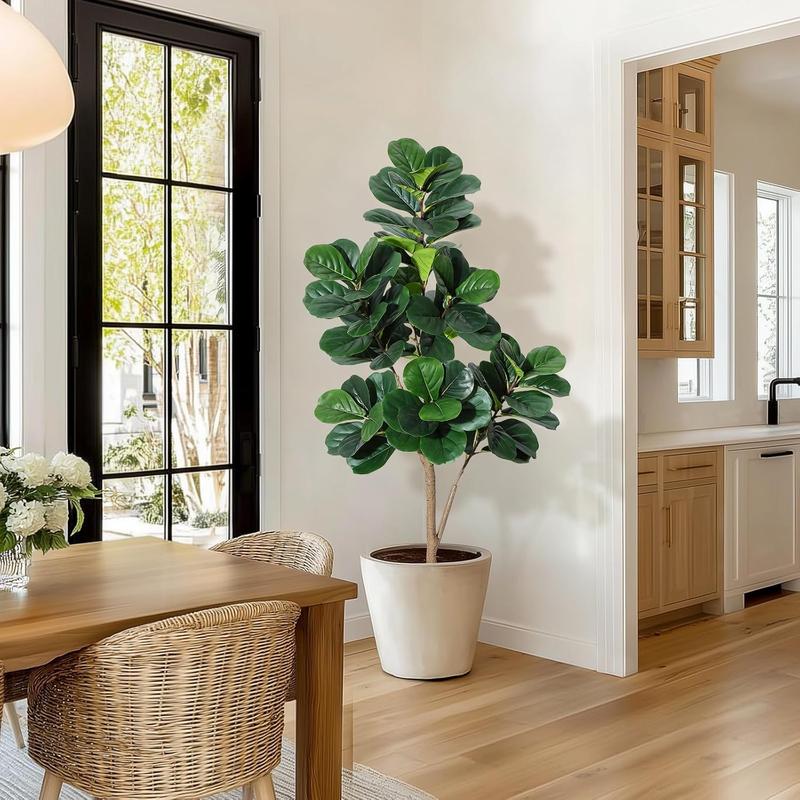 【Christmas Gift】5FT Fiddle Leaf Fig Tree Artificial with 77 Leaves Realistic Faux Ficus Lyrata Trees in 7.8 inch White Planter Pot Indoor Fake Floor Plants for Home Office Living Room Decor Housewarming Gift Decorative Fruit Wood Hand