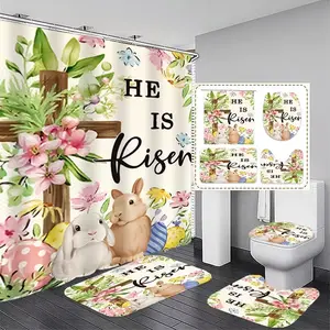 1/4pcs Happy Easter Cross and Egg Pattern Shower Curtain Set, includes non-slip mat, U-shaped rug, and toilet seat cover. Perfect for bathroom decoration, partitioning, and beautifying the space. Comes with 12 shower curtain hooks.