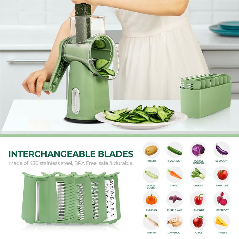 SUSTEAS Rotating Food Grater Chopper with Handle, with 5 Well-Designed Blades and Strong Suction Cup Base, Comes with 1 Blade Storage Box Vegetable Cutting Slicer Vegetable Slicer Dicer Kitchen Utensils Vegetable Fruit Cutter