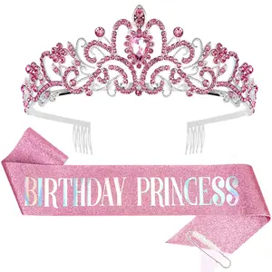 Princess Crown & Birthday Sash Set, Pink Tiara for Women & Girls, Birthday Decorations