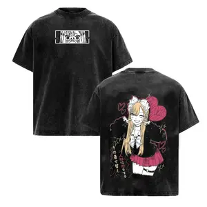 Men's My Dress-Up Darling Marin Kitagawa Vintage Washed Oversized Short-Sleeve Round Neck T-Shirt - Double-Sided Cute Anime Manga Graphic, Soft Fabrics, Unisex Everyday Harajuku Grunge Aesthetic Casual Streetwear
