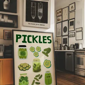 Jar And Sliced Pickles Illustration, Retro Pickles Kitchen Wall Art, Cute Green Pickle Poster, Room Decor, Unframed