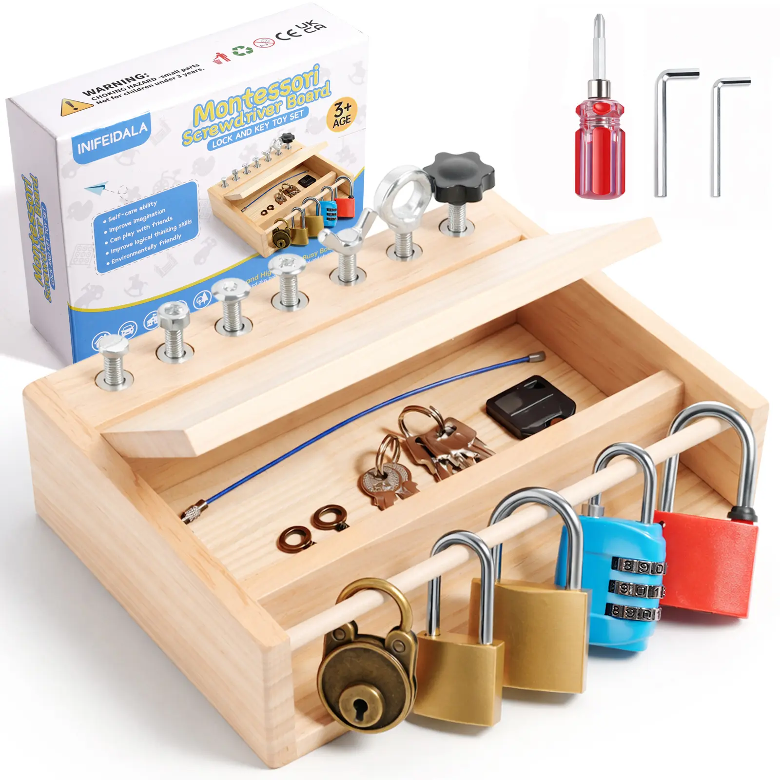 INIFEIDALA Montessori Screwdriver Board Set BMS-001 - Lock and Key Pretend Play Toy, Busy Board Tool Set for 3-5 Year Olds, Preschool STEM Learning Sensory Toys to Boost Fine Motor Skills, Patience & Birthday Gifts, Birthdays