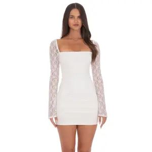 Lucy in the Sky Sheer Lace Ruched Long Sleeve Mini Dress in White