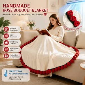 Mothers Day Gifts for Mom Wife Grandma, Completed Crochet Rose Flower Bouquet Blanket, Handmade Knitted Throw Blanket, Mother's Day Wedding Anniversary Romantic Gifts