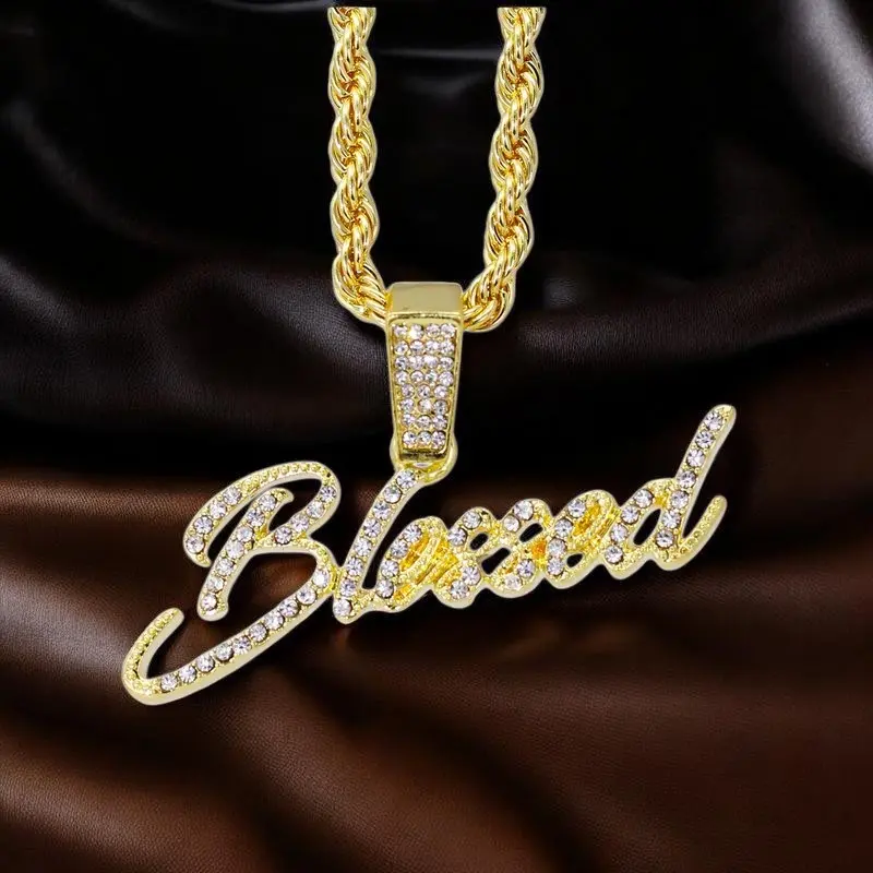 MaxBling81 Pendant Necklace, Unisex Casual Hip Hop Gold-Plated "Blessed" Letter Pendant with Cubic Zirconia, 24" 4mm Rope Chain, Diamond Inspired Jewelry, Affordable Fashion, 20 Mm X 50 Mm