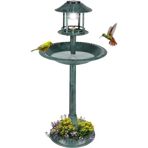 Outvita Outdoor Bird Bath, Garden Bird Baths Decorations with Solar-Powered Lamp and Resin Pedestal Flower Planter Base Bird Feeder for Yard Patio