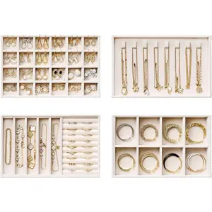 Drawer Organizer Trays - 4-Layer Stackable  Storage Inserts Set, Beige  Tray Set for Earrings, Rings, Necklaces, Bracelets with Removable Dividers for Dresser &
