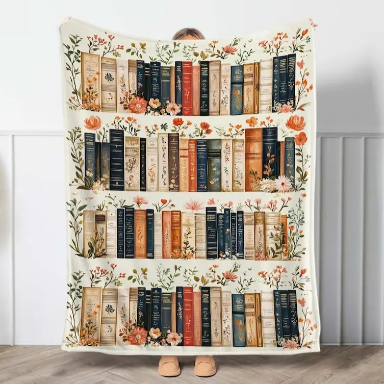Vintage Bookshelf Library Print Plush Blanket, Cozy Nap Blanket, Pastoral Style Book and Wildflower Blanket, A Gift for Book Lovers, Library-themed Floral and Book-themed Gift, A Gift for Readers.