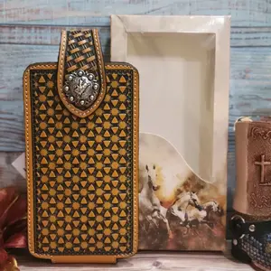 Bullrider Western Phone Holster Leather for larger phones geometric Design Boxed 7x4 inches in gift box