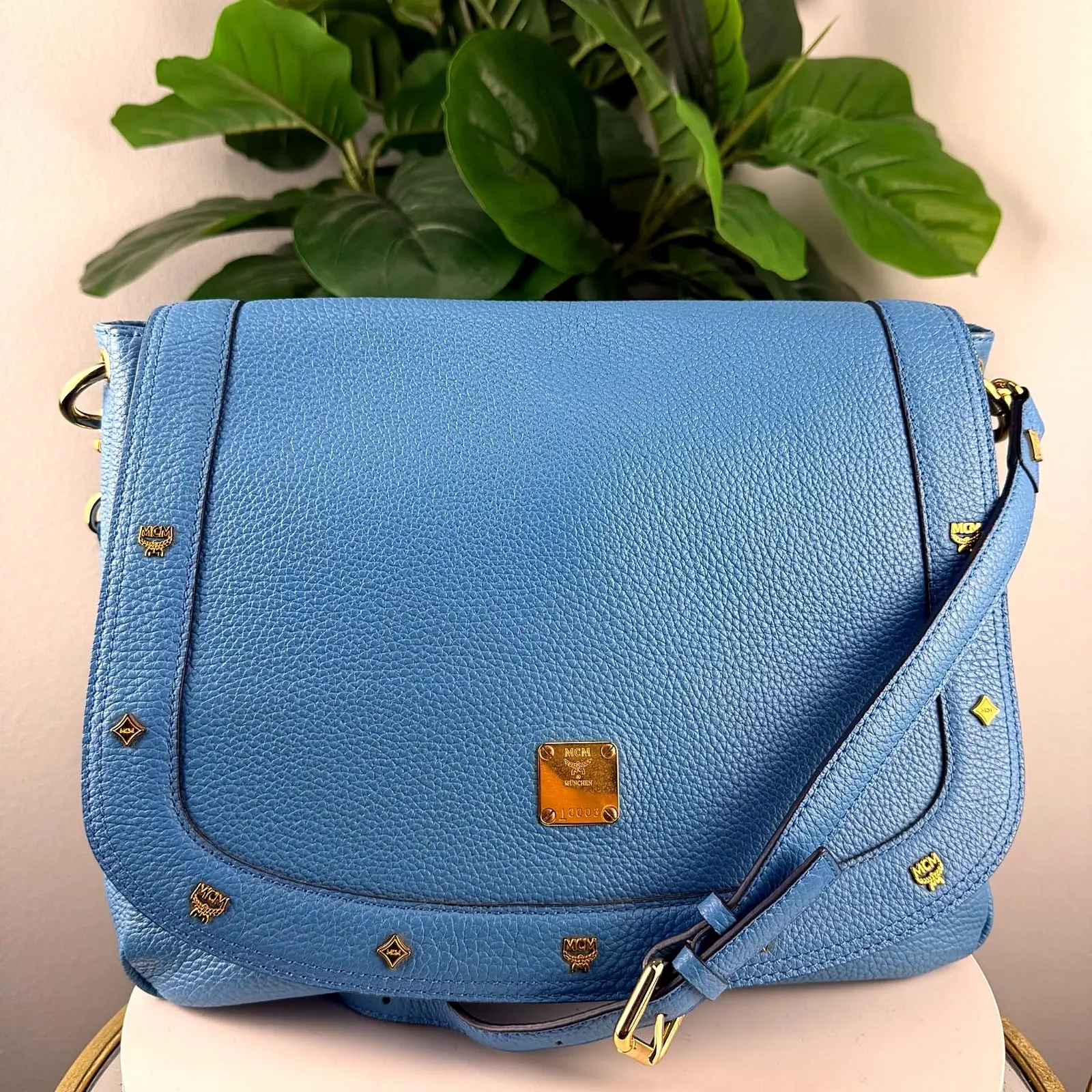 Pre-owned Leather Crossbody bags Authentic MCM Cornflower Blue Studded Flap Crossbody Bag