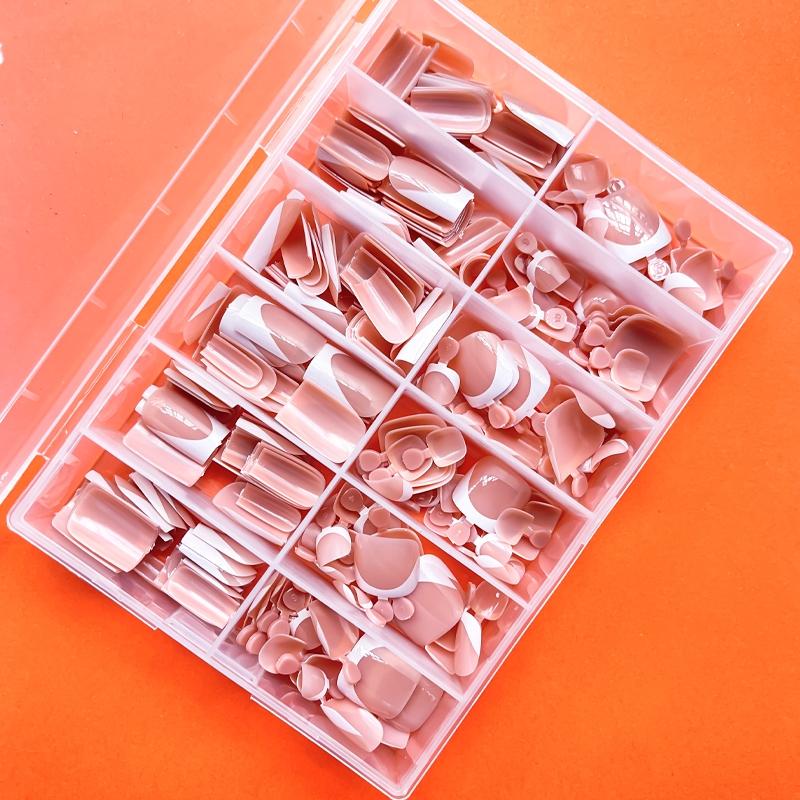312Pcs White French Tip Press-On Nails & Toenails Set, Fake Nails Kit, Short Square Shape, Light Brown Glossy Finish Hands & Feet Nails, Detachable DIY Nail Art , Easy Application for Hands & Feet, Nail Art Supplies, Elegant Nail, Durable Pressons