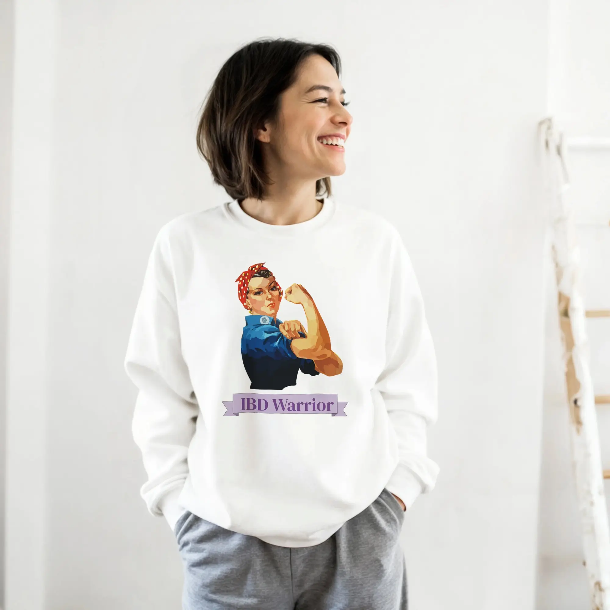 IBD Warrior Rosie the Riveter Unisex Sweatshirt - Crohn's & Colitis Awareness Crewneck - Comfortable Chronic Illness Apparel - Purple Ribbon Support Gift