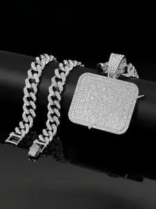 Hip-Hop Letter Cut Square Pendant with Full Zircon Diamonds, Alloy Necklace with Curb Cuban Chain, Street Trend Urban Fashion Jewelry