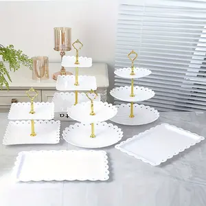 6 Pieces Dessert Table Display Set, Plastic Cake Candy Fruit Serving Set with 2 Pieces Fruit Dessert Trays + 4 Pieces 2-Tier/3-Tier Cupcake Stands for Tea Party, Birthday, Wedding, Baby Shower