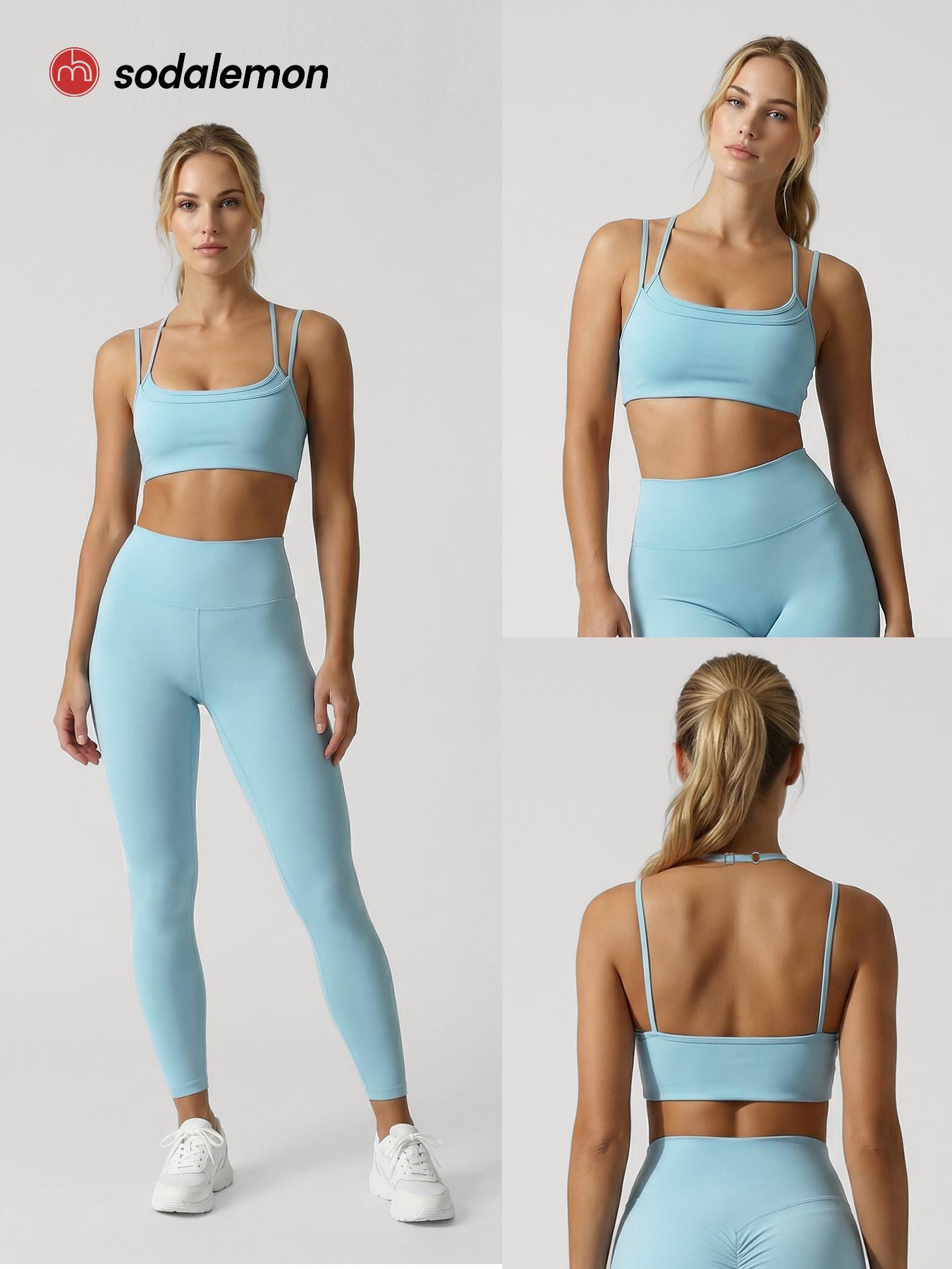 Sodalemon Women double layered-strap scoop-neck yoga sports bra, cropped open-back workout top, outdoor Pilates fitness sports bra