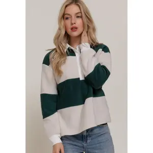 NE PEOPLE Casual Rugby-Style Long Sleeve Fleece Pullover - Sherpa Soft Henley Sweatshirt with Bold Stripes