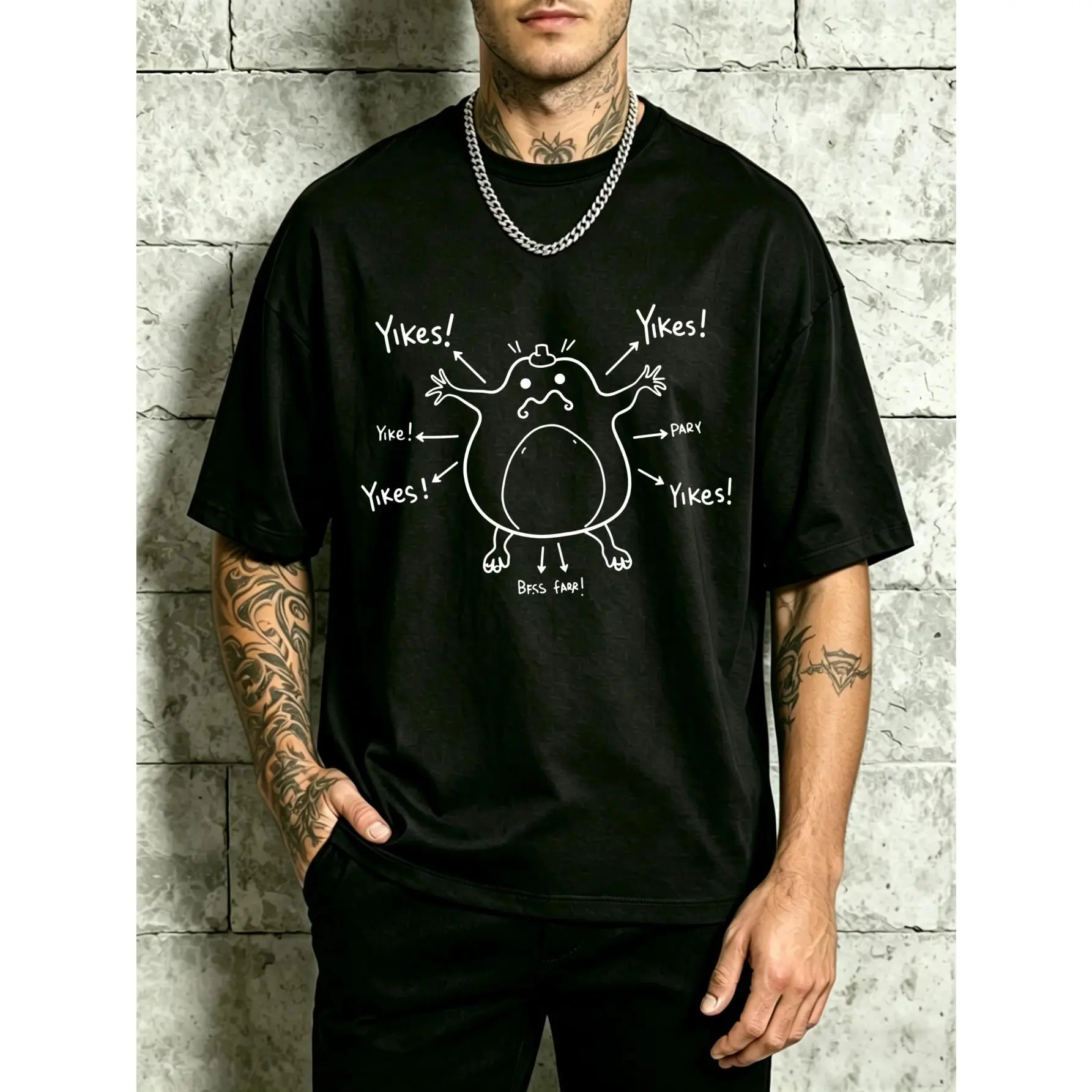 Men's Vintage 'Yikes' Monster Vintage Print Funny Vibes T-Shirt, Heavyweight 100% Cotton Fabric Round Neck Casual Short Sleeve Tshirt, Graphic