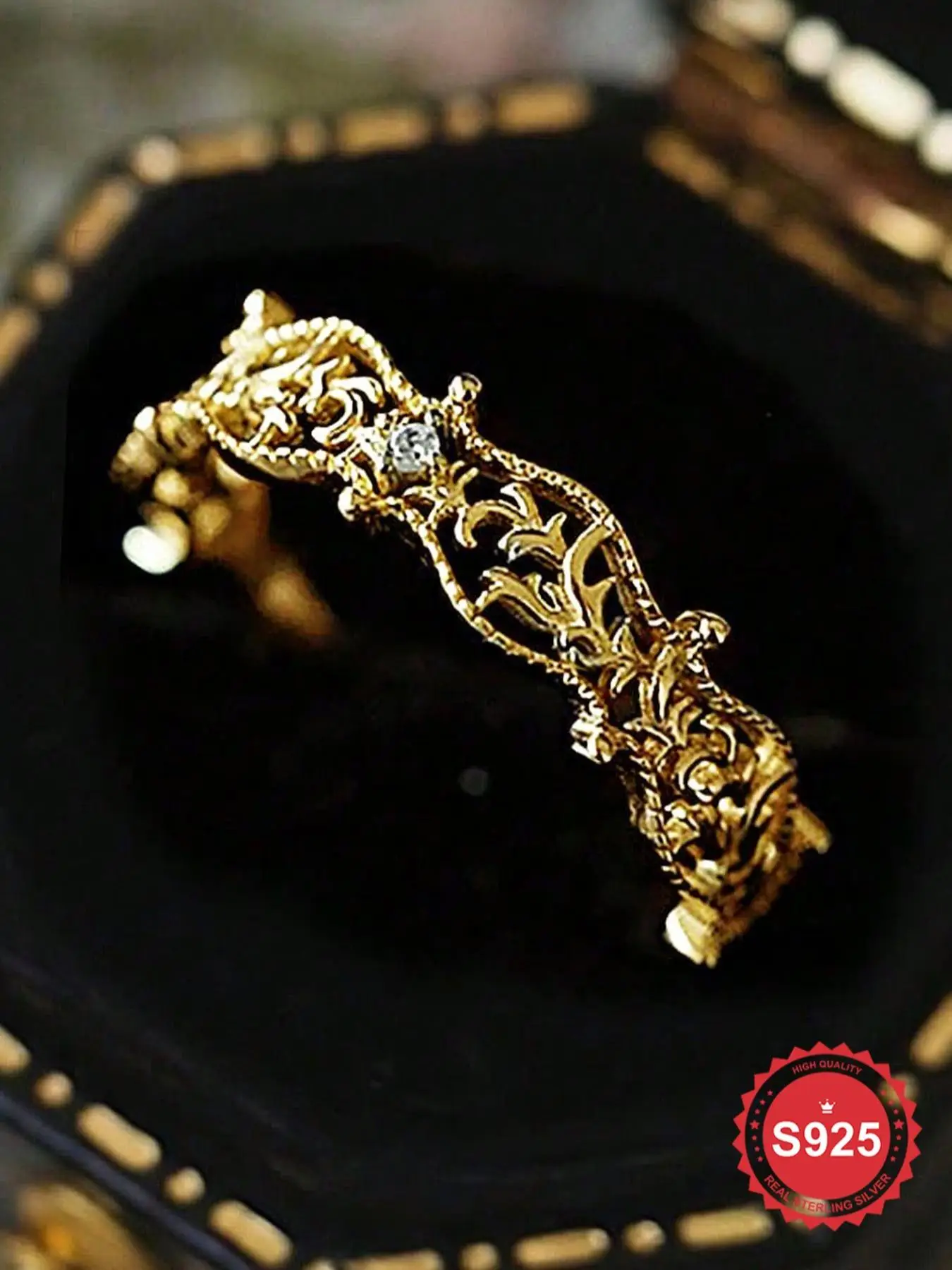 S925 Sterling Silver Hollow Branches & Leaves Design Unique Rings, Valentine's Gifts for Her, Elegant Zircon Decor Ring for Women, Trendy All-match &