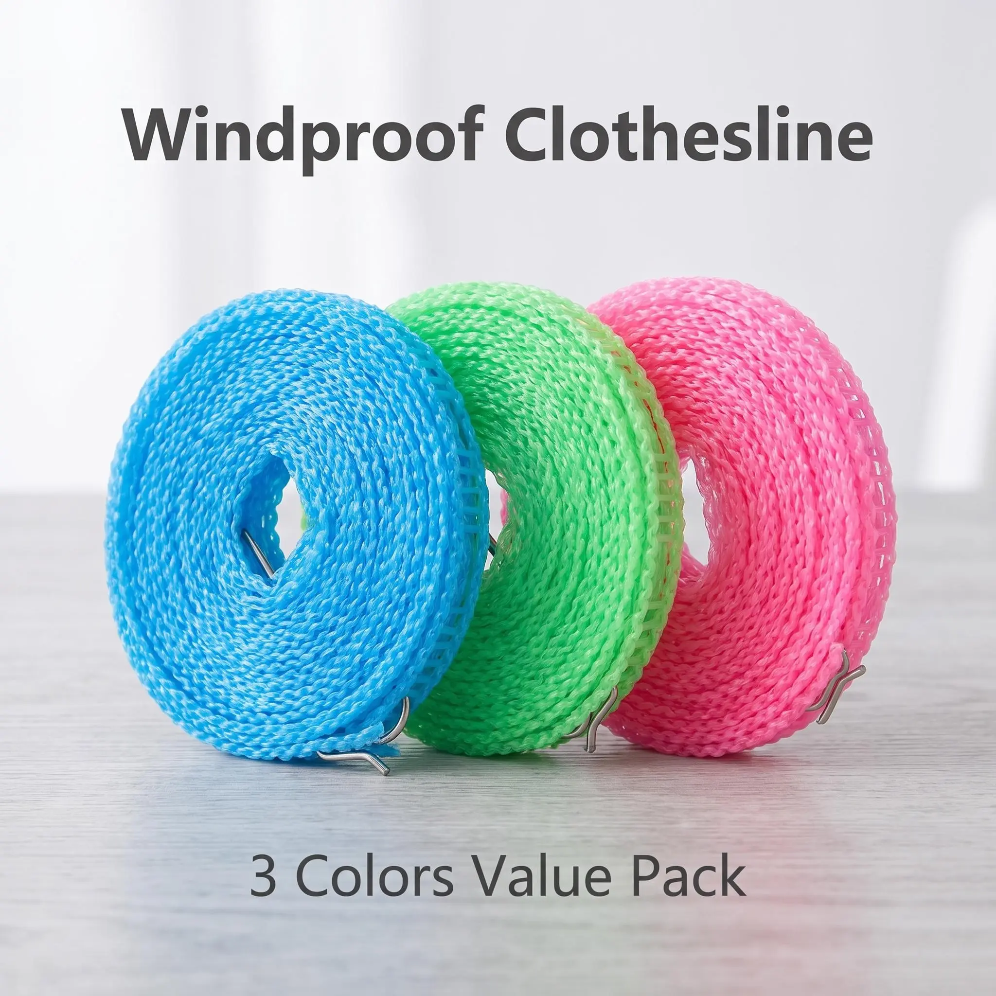 3 Pack Non-Slip Windproof Mesh Clothesline, Heavy Duty Portable Laundry Line for Camping, Travel, Dorms & Balcony