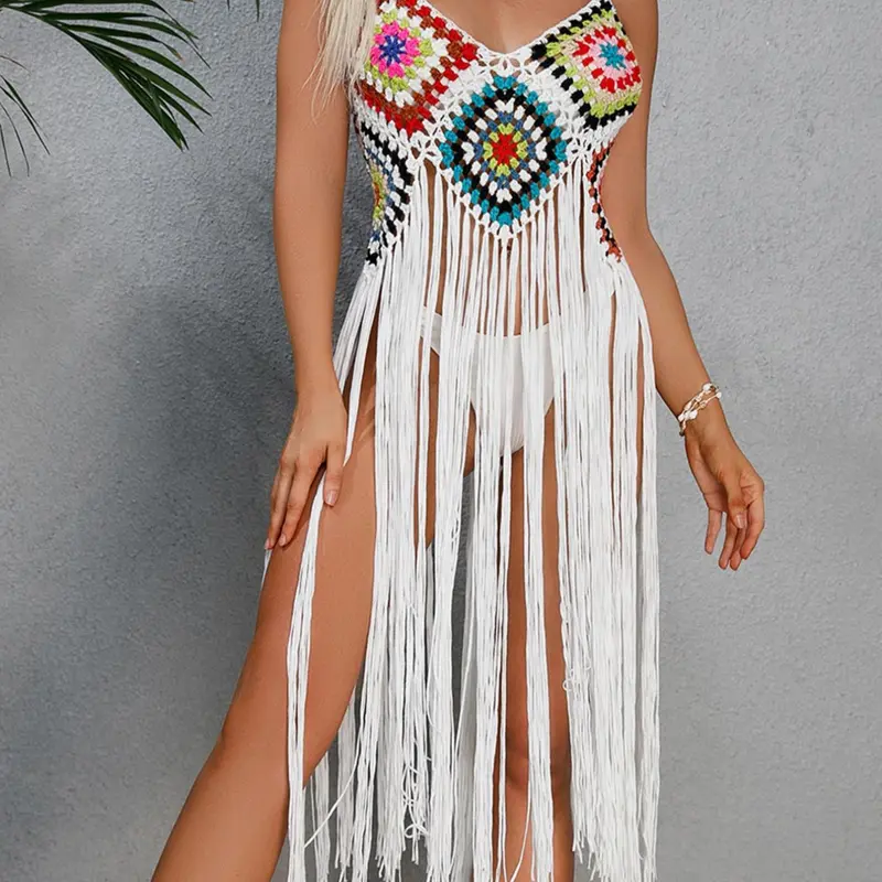 Women's Geometric Print Fringe Trim Tie Shoulder Crochet Cover Up, Boho Style Backless Sleeveless Top for Beach Holiday Vacation, Swimsuit Cover Up, Swimwear Cover Up, Beach Coverup, Beach Cover Ups, Summer Clothes, Beach Outdoor Wear