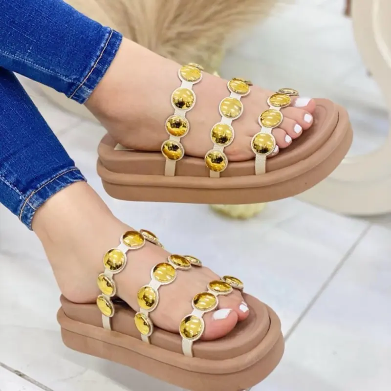 Lulu Gold Button Platform Sandals for Women Open Toe Velcro Closure Summer Wedge Footwear Unique & Stylish Walking Shoes