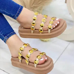 Lulu Gold Button Platform Sandals for Women Open Toe Velcro Closure Summer Wedge Footwear Unique & Stylish Walking Shoes