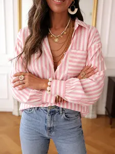 A women's pink and white striped patch pocket design, lantern sleeve Polo collar shirt top blouse, suitable for spring and summer, suitable for daily attendance dating party.