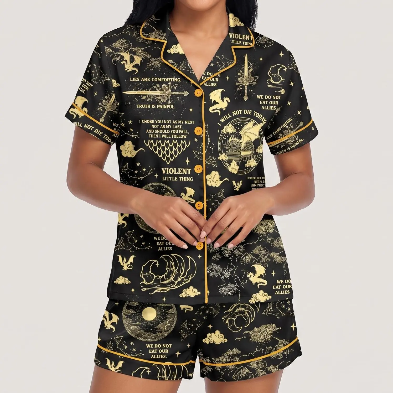 Dragon Moon Mixed Pajamas Sets, Soft Silky Satin Sleepwear & Loungewear, Night Party Set