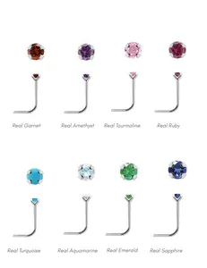 Genuine Gemstone set in 925 Sterling Silver L Shaped Nose Stud Birthstone