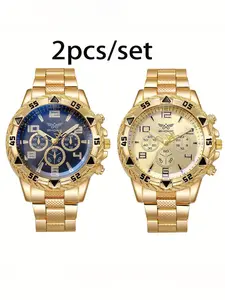 2pcs - New Men's Business Stylish Round Quartz Watch Set, Perfect Gift for Valentine's Day, Easter, Halloween, Ramadan, Birthday, Christmas, and Friends