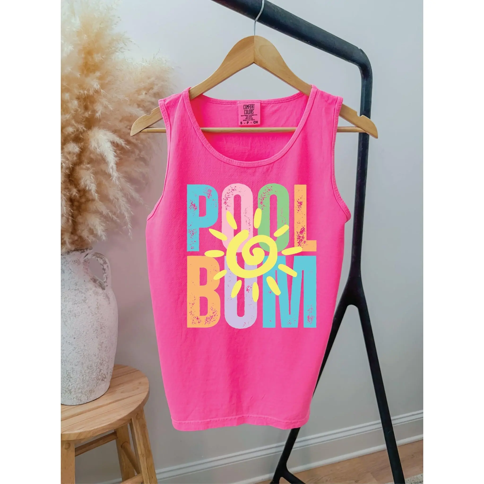 Pool Bum Neon Pink Comfort Color Unisex Graphic Tank Top