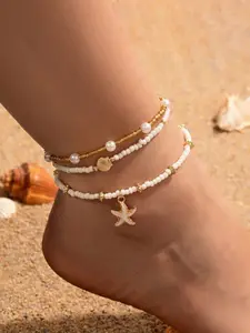 3-Piece Boho Ocean Style Beaded Imitation Pearl Ccb Metal Star Shell Ankle Bracelet Set, Anklets, Elastic Fit for Most Ankles, Women's Daily & Festival Wear