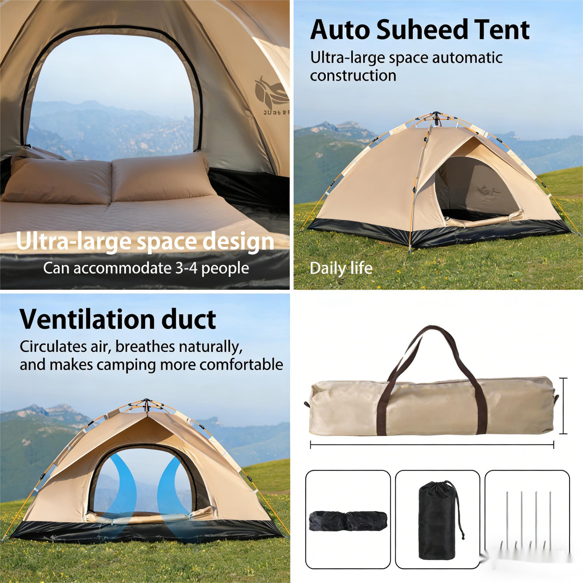 PAKICETUS 3-4 Person Automatic Camping Tent, Easy Setup Instant Tent, Ultra-Large Space Waterproof Tent for Outdoor Camping, Hiking, Backpacking, Family Trips