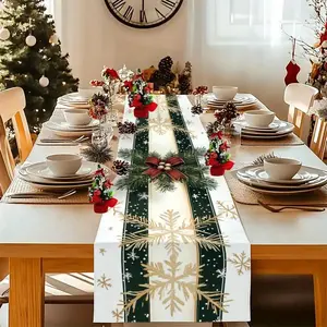 1pc Elegant Green Pine Tree and Red Bow Winter Snowflake Table Runner with Golden Accents Rectangular Fabric Christmas Decoration Suitable for Dining Table Kitchen Coffee Table Office Green Golden Holiday Decor Durable Easy-to-Clean
