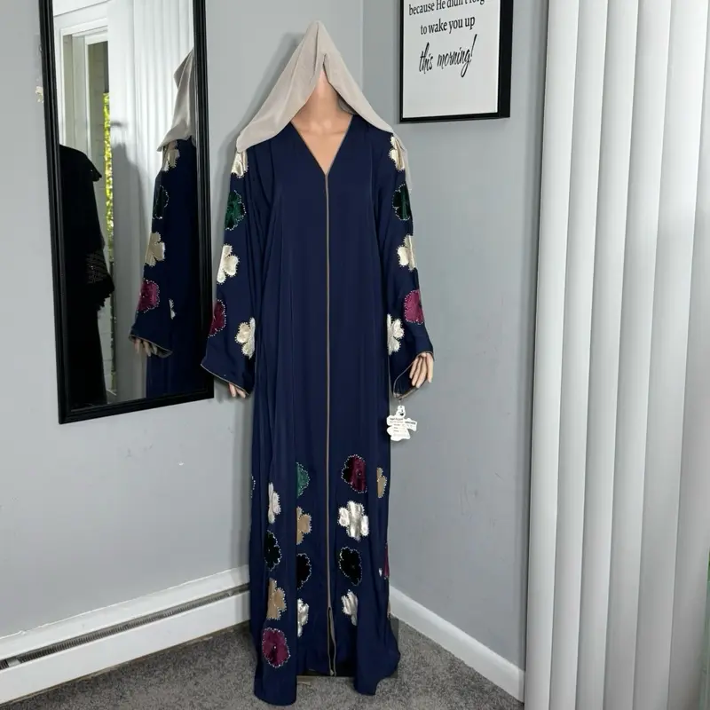 Korean Silk Abaya, Laser-Embroidered, Rhinestone-Embellished, with External Belt and Matching Veil Embroidery Abaya Islamic Modesty Clothes